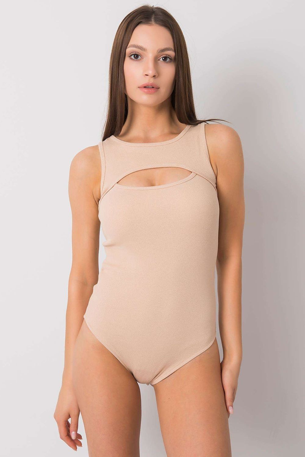 Luxury Sleeveless Shapewear Bodysuit with Press Studs presented in a neutral beige tone, highlighting the unique cut-out detail while enhancing the body’s natural curves.