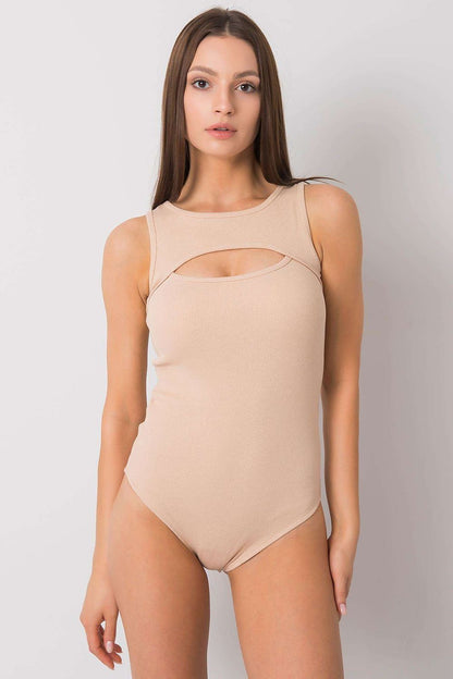Luxury Sleeveless Shapewear Bodysuit with Press Studs presented in a neutral beige tone, highlighting the unique cut-out detail while enhancing the body’s natural curves.