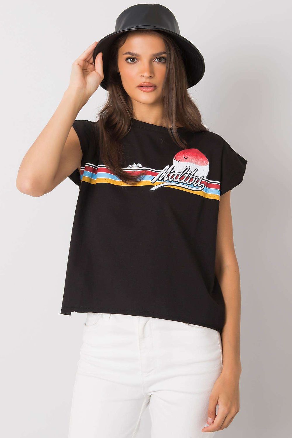 Luxury 100% Cotton Short Sleeve T-Shirt with Front Print, EU Size 0, Round Neckline, styled with a black bucket hat, showcasing a fashionable look with the word 'Malibu' prominently displayed on the front.