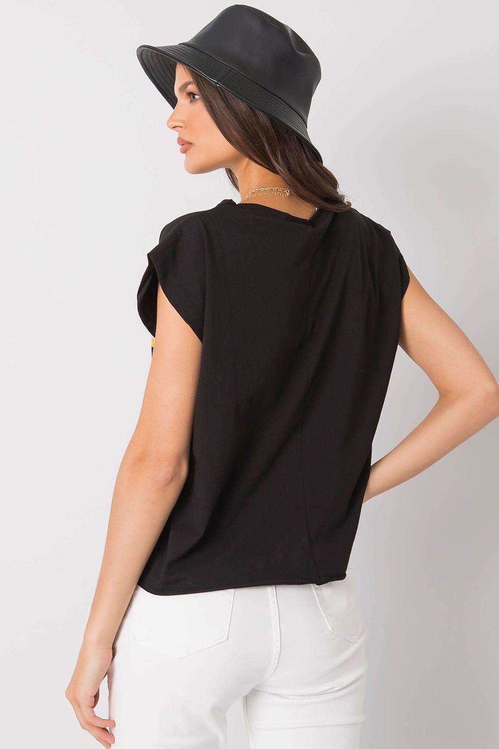 Luxury 100% Cotton Short Sleeve T-Shirt with Front Print, EU Size 0, Round Neckline, capturing a back view of the model showcasing the elegant design and relaxed silhouette of the t-shirt.