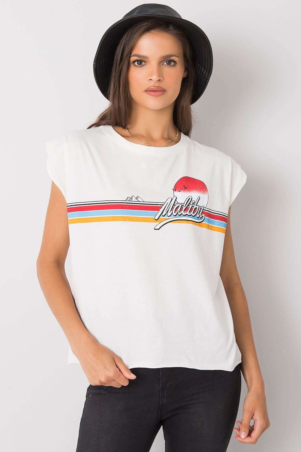 Luxury 100% Cotton Short Sleeve T-Shirt with Front Print in white, model wearing it with a stylish hat, EU Size 0, Round Neckline.