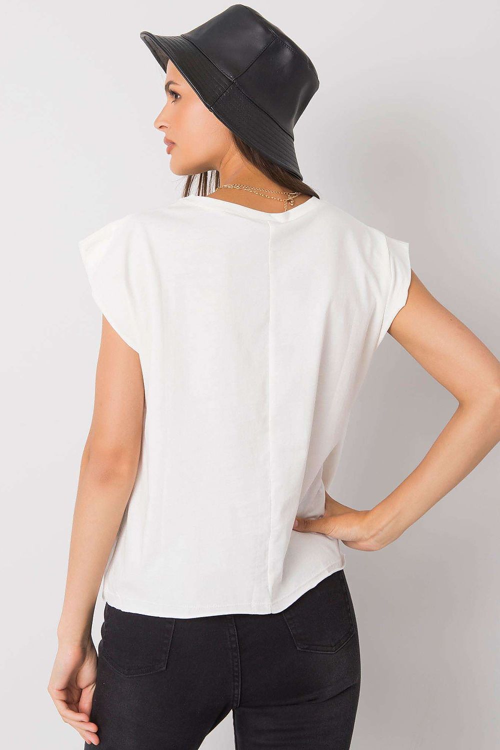 Back view of the Luxury 100% Cotton Short Sleeve T-Shirt with Front Print in white, highlights the shirt's elegant cut and round neckline, EU Size 0.