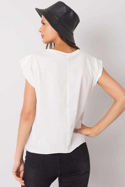 Back view of the Luxury 100% Cotton Short Sleeve T-Shirt with Front Print in white, highlights the shirt's elegant cut and round neckline, EU Size 0.