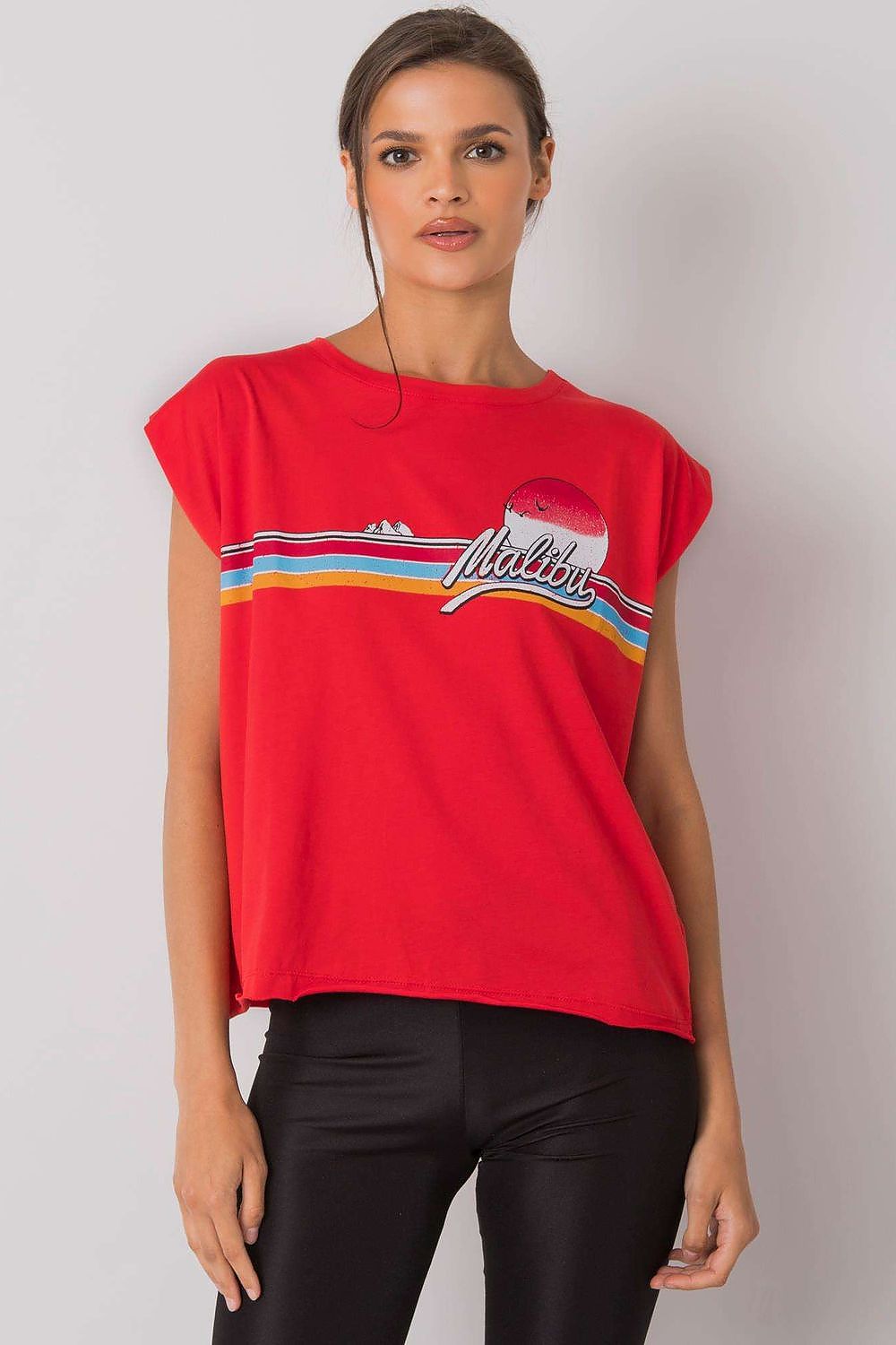 Luxury 100% Cotton Short Sleeve T-Shirt with Front Print in red, model posing confidently, featuring vibrant design and round neckline, EU Size 0.