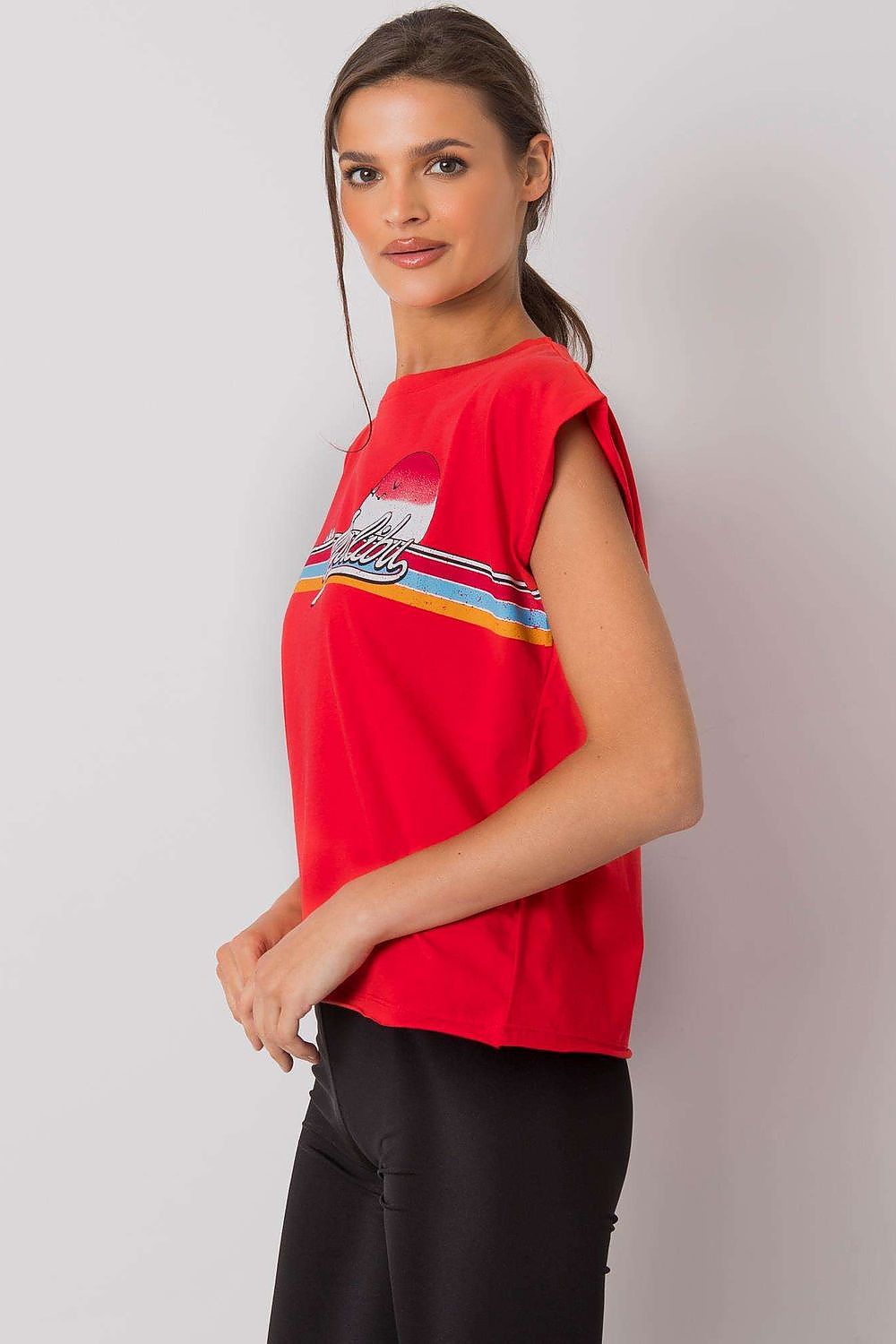 Side view of the Luxury 100% Cotton Short Sleeve T-Shirt with Front Print in red, model displaying the stylish design and fit, EU Size 0.