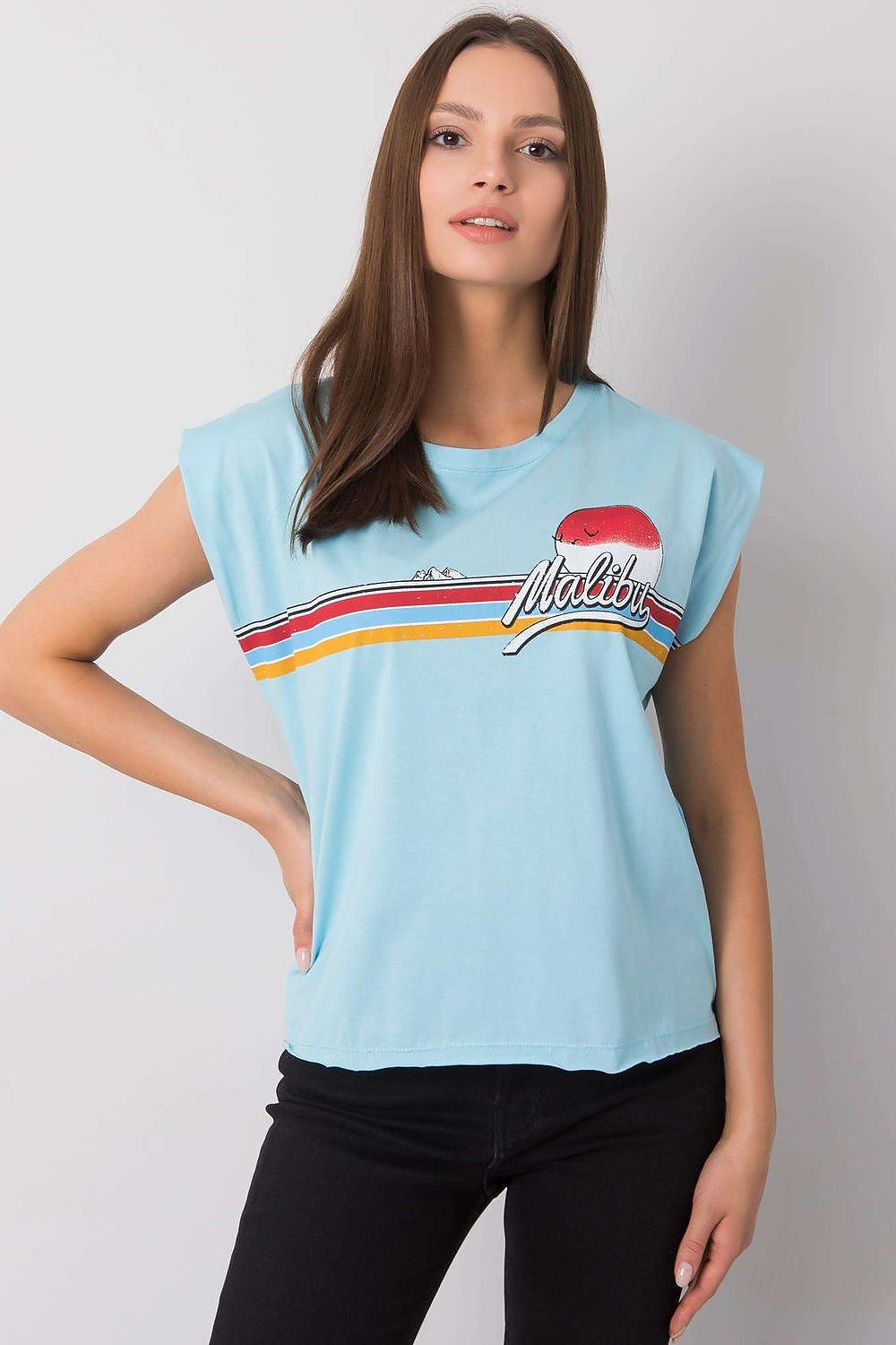 Luxury 100% Cotton Short Sleeve T-Shirt with Front Print, EU Size 0, Round Neckline, displaying a chic view of the light blue shirt featuring the 'Malibu' print.