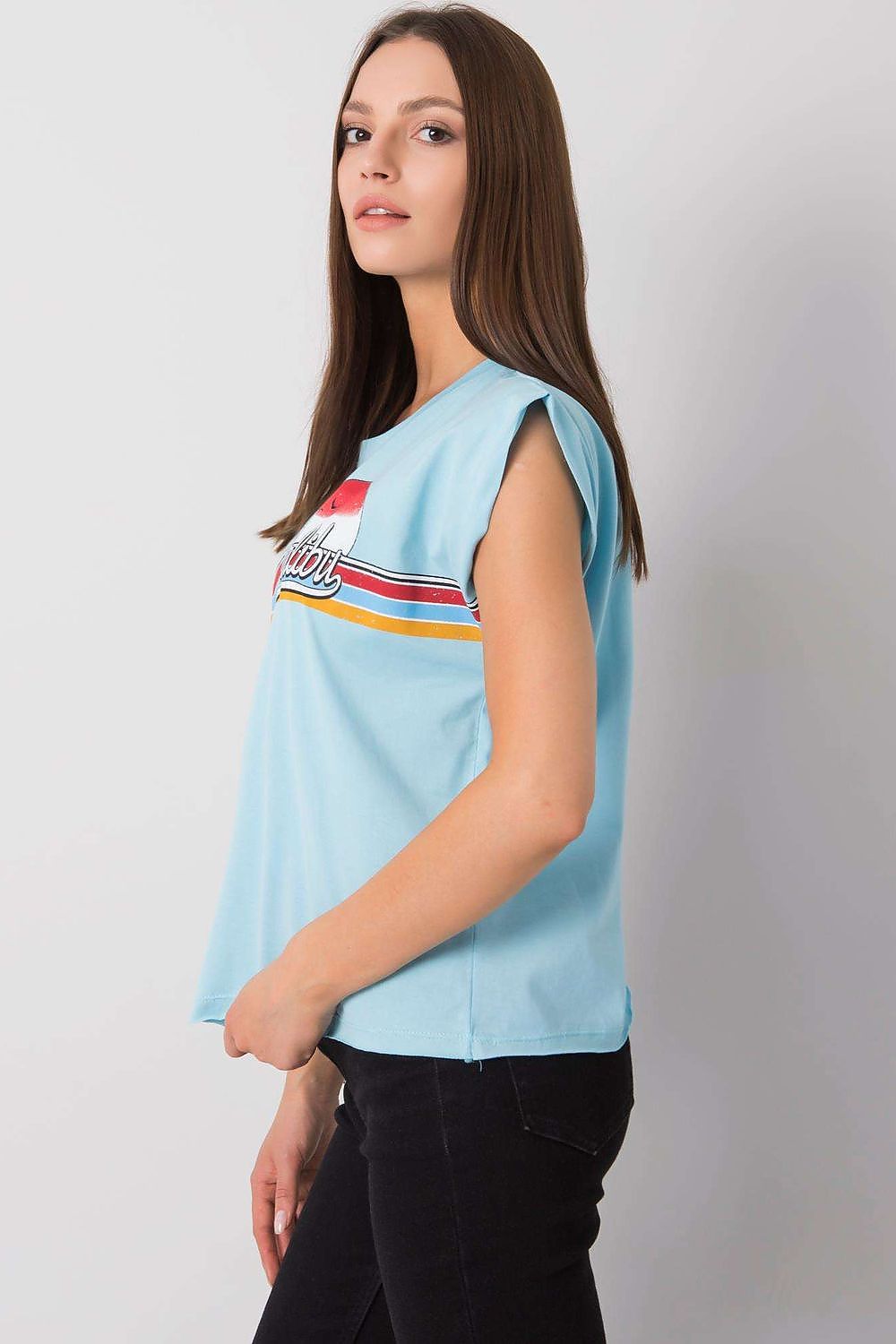Luxury 100% Cotton Short Sleeve T-Shirt with Front Print, EU Size 0, Round Neckline, highlighting the side angle of the light blue shirt with vibrant 'Malibu' design.