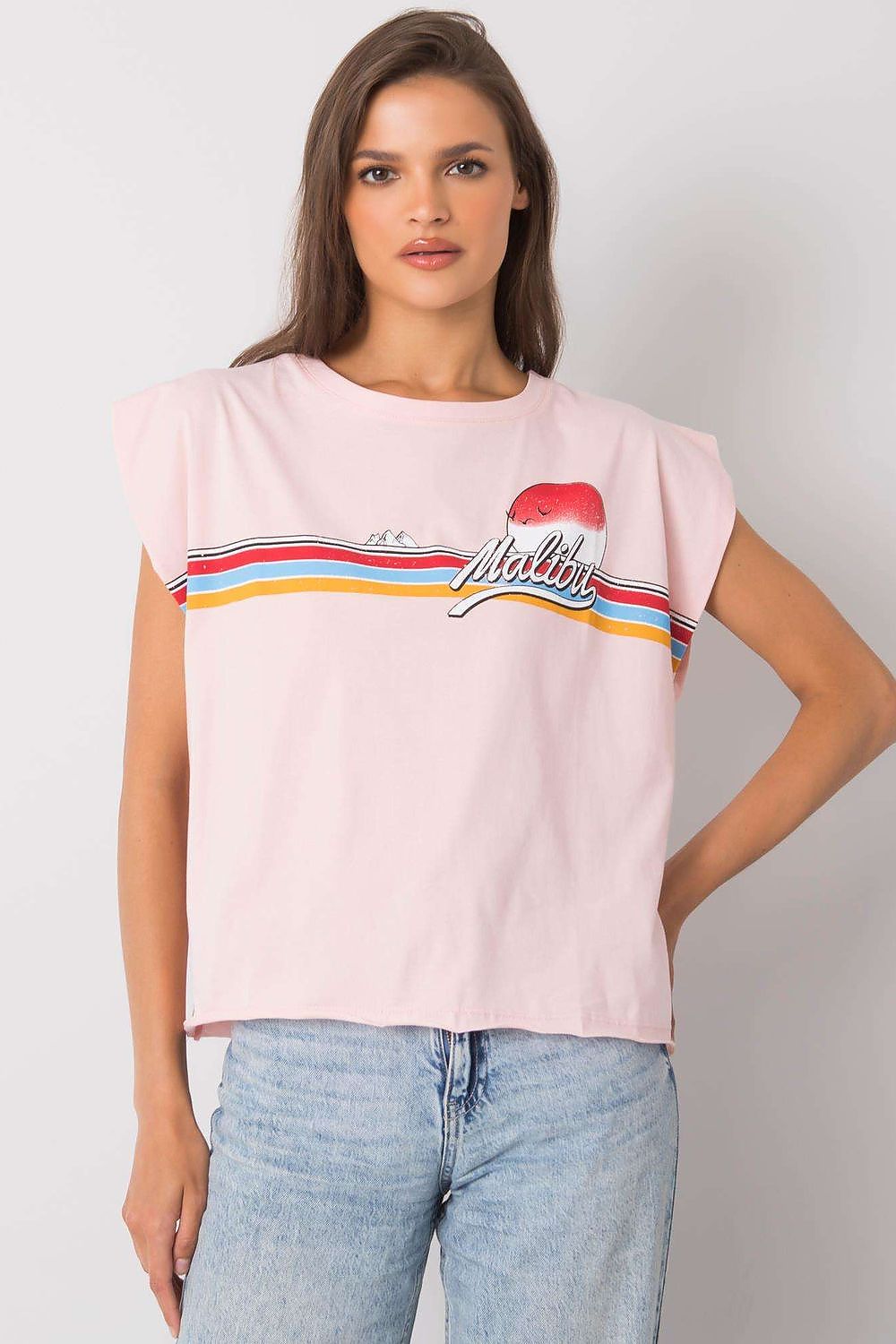 Luxury 100% Cotton Short Sleeve T-Shirt with Front Print, EU Size 0, Round Neckline, presenting a fashionable pink T-shirt with a colourful 'Malibu' logo.