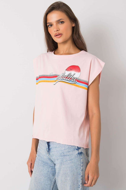 Luxury 100% Cotton Short Sleeve T-Shirt with Front Print, EU Size 0, Round Neckline, featuring a model wearing a pink T-shirt with a vibrant print and relaxed fit.