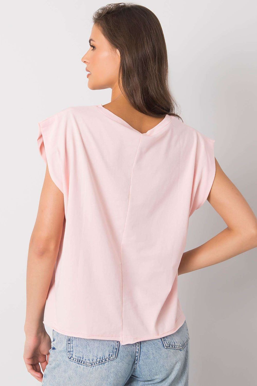 Luxury 100% Cotton Short Sleeve T-Shirt with Front Print, EU Size 0, Round Neckline, showcasing the back view of a pink T-shirt with short sleeves.