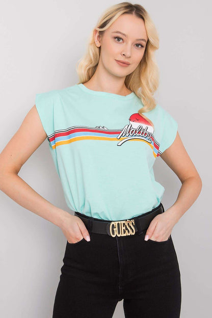 Luxury 100% Cotton Short Sleeve T-Shirt with Front Print, EU Size 0, Round Neckline, displayed on a model in mint green, featuring a stylish print.