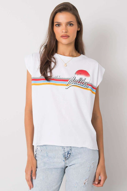 Elegant luxury 100% cotton short sleeve t-shirt with front print, showcasing a trendy Malibu graphic, complemented by a round neckline, ideal for chic summer wear.