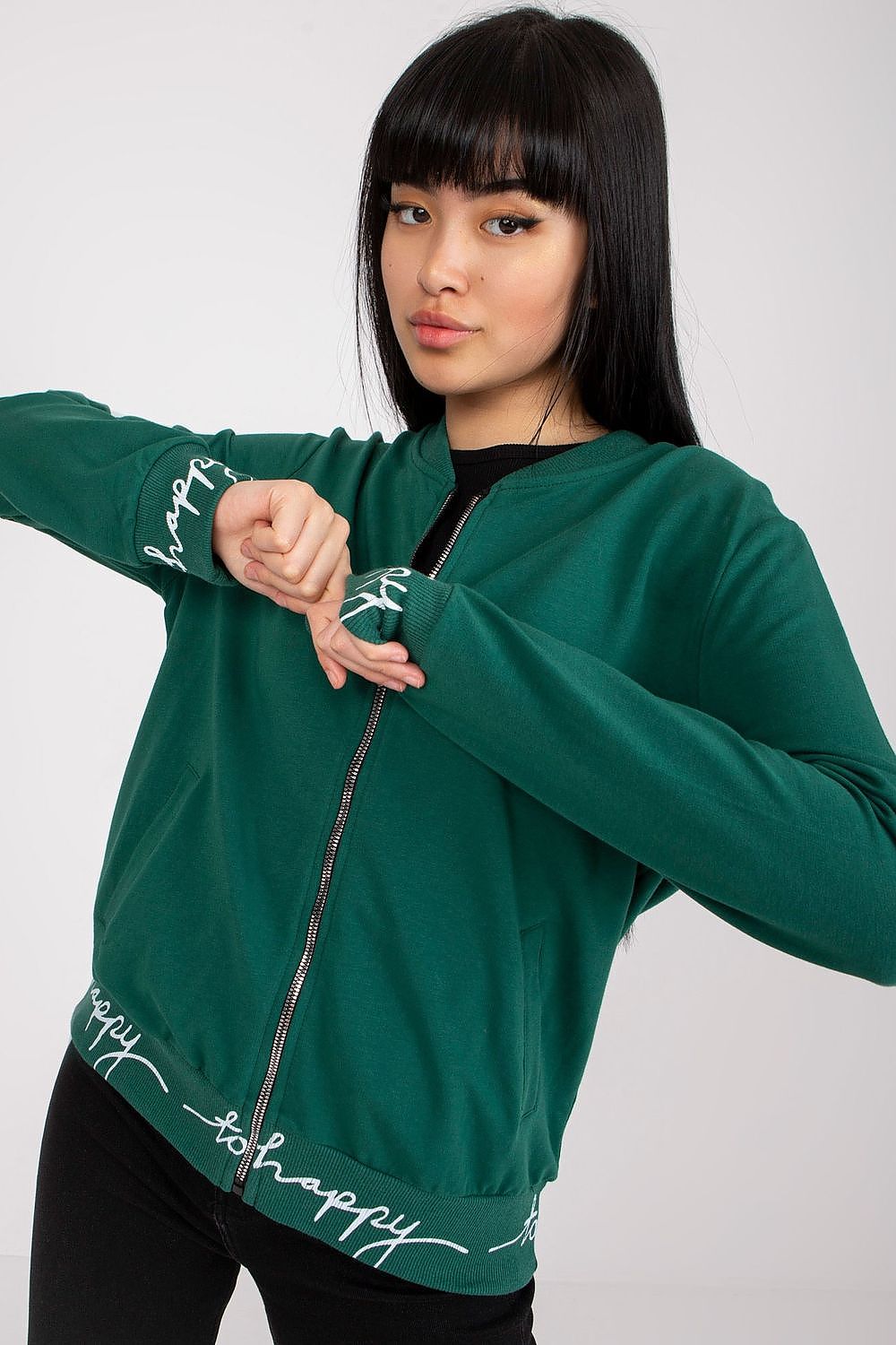 Luxury Ladies' Zipper Sweatshirt With Ribbed Cuffs & Slip-On Pockets - Cotton Blend, featuring a model wearing a green sweatshirt showcasing stylish ribbed cuffs and happy inscription, perfect for a chic and casual look.