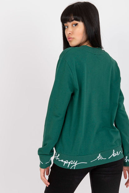 Luxury Ladies' Zipper Sweatshirt With Ribbed Cuffs & Slip-On Pockets - Cotton Blend, back view of a model in a green sweatshirt, illustrating the contemporary ribbed detailing and quality craftsmanship.