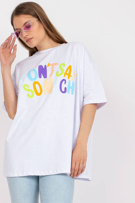 Stylish Loose-Fit Ladies' T-Shirt with Decorative Front Wording in vibrant colours, model showcasing a relaxed fit, crafted from a high-quality cotton and spandex blend.