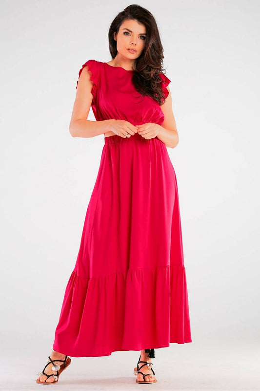 Elegant Airy Viscose Blouse with Back Tie and Charming Frills at Sleeves, featuring a full view of a stunning red maxi dress, elegantly complemented by subtle frills and a flattering silhouette.