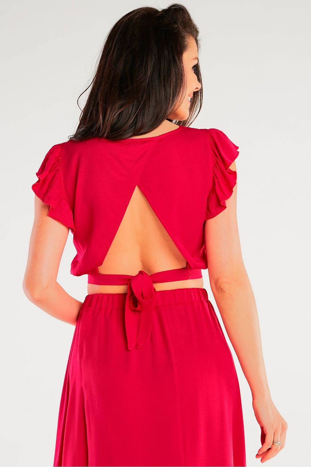 Elegant Airy Viscose Blouse with Back Tie and Charming Frills at Sleeves, beautifully highlighting the back design of the red blouse with a tie and chic cut-out detail.