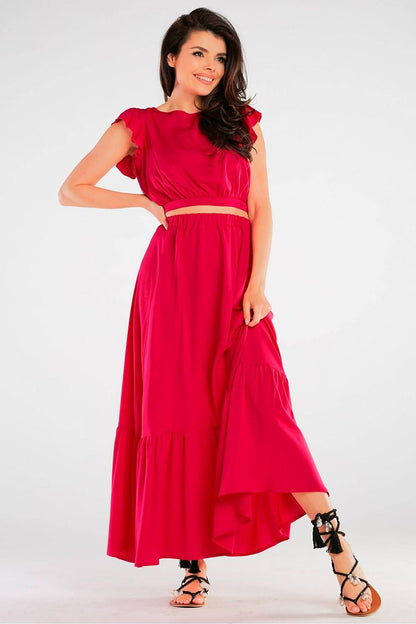 Elegant Airy Viscose Blouse with Back Tie and Charming Frills at Sleeves showcased in a vibrant red colour, styled with a matching skirt, perfect for a luxurious summer look.
