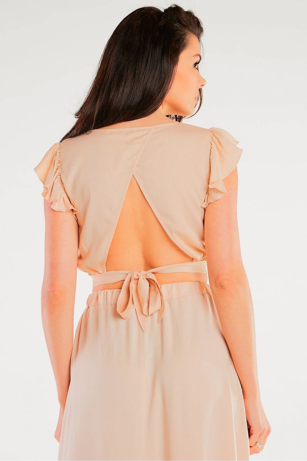 Back view of the Elegant Airy Viscose Blouse with Back Tie and Charming Frills at Sleeves, featuring an open back tied elegantly, showcasing style and refinement.