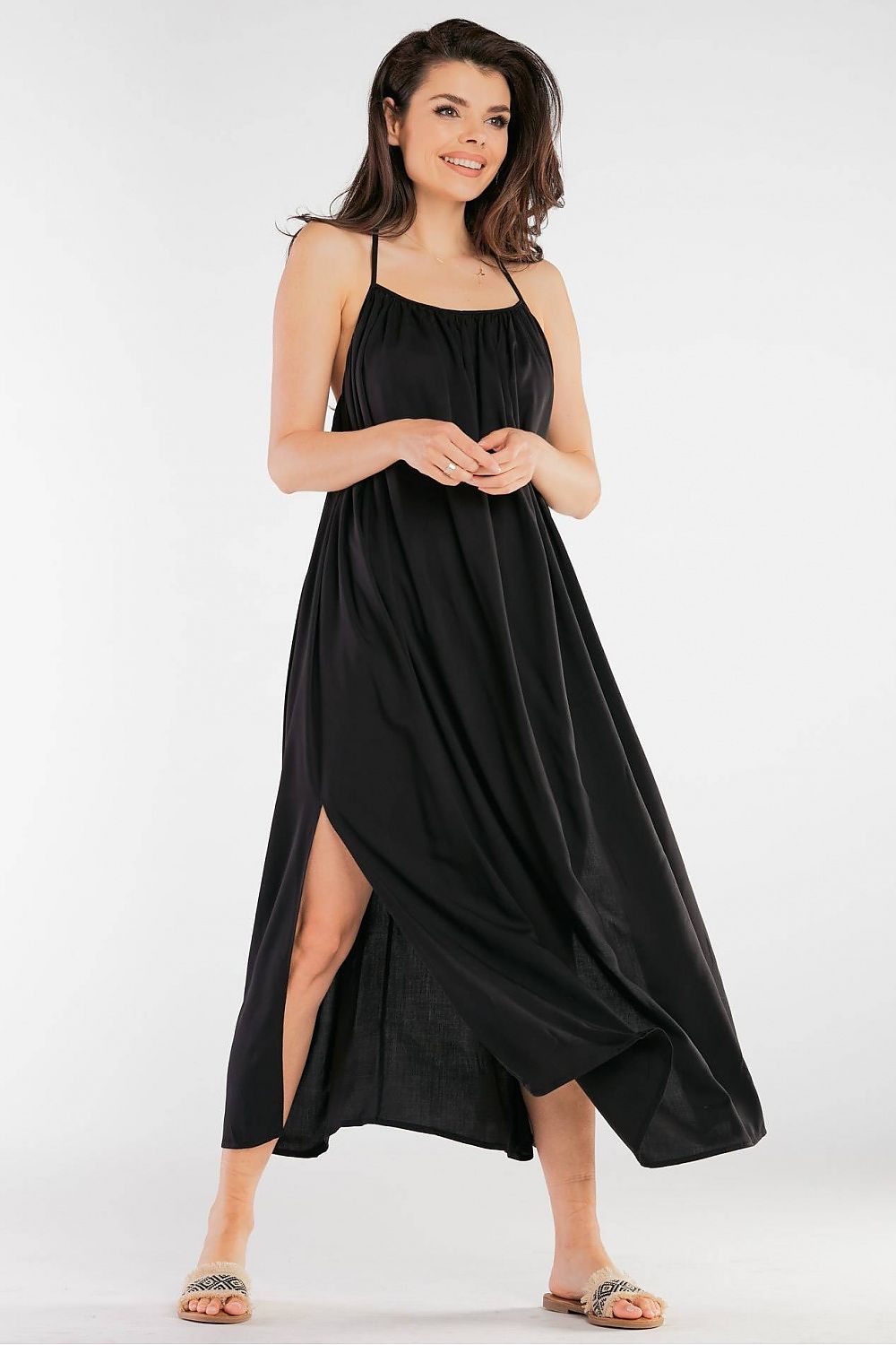 Elegant Maxi Dress by Awama with Decorative Back Ring in Airy Viscose, highlighting the dress’s comfortable fit and effortless style in black.