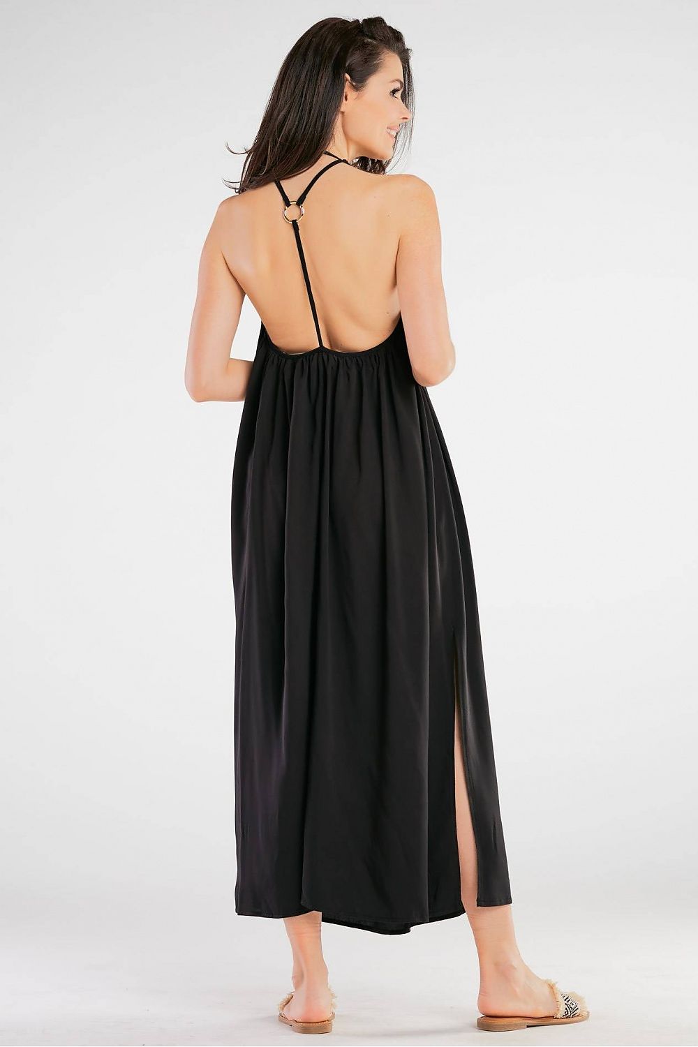 Elegant Maxi Dress by Awama with Decorative Back Ring in Airy Viscose, back view detailing the intricate ring design and elegant flowing fabric.