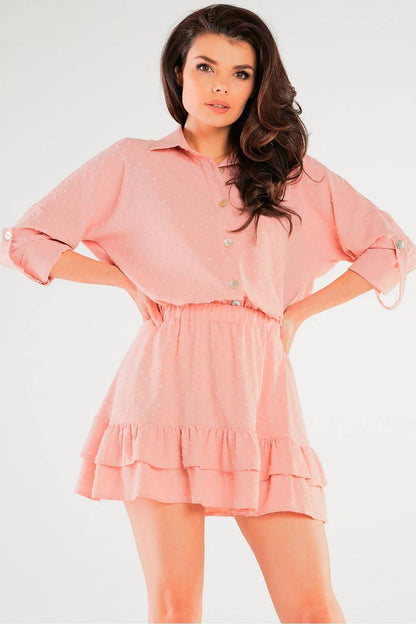 Luxury Lightweight Summer Shirt with Pocket and Decorative Buttons by Awama - Classic Cut, stunning front view of the model in a pink shirt dress, exuding summer chic style.