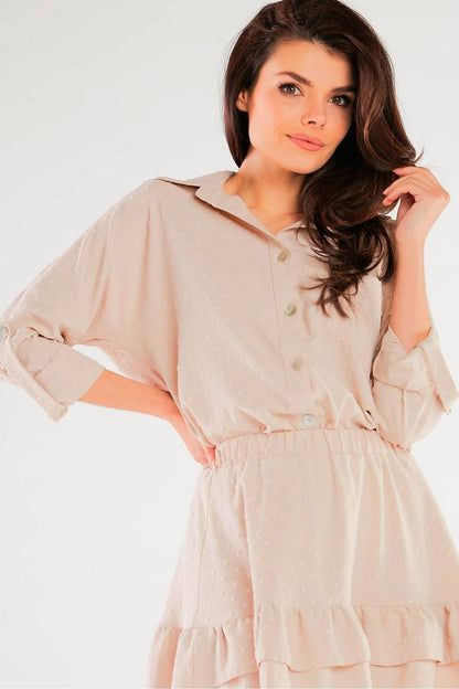 Luxury Lightweight Summer Shirt with Pocket and Decorative Buttons by Awama - Classic Cut, featuring a model showcasing a beige variant of the shirt with decorative buttons, giving an air of elegance.