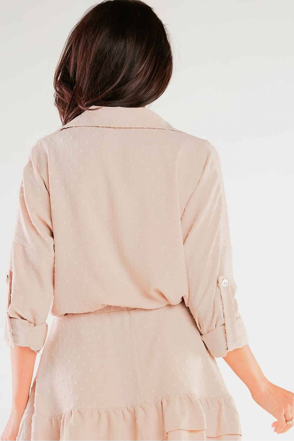 Back view of the Luxury Lightweight Summer Shirt with Pocket and Decorative Buttons by Awama, highlighting the elegant styling and delicate fabric texture of the beige shirt-dress.