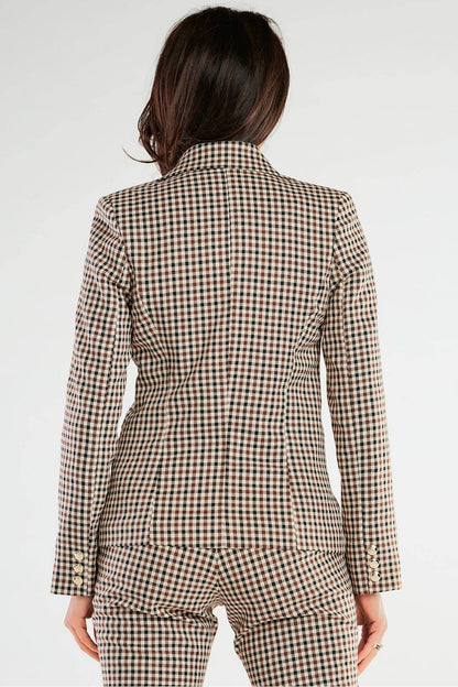 Luxury Double-Breasted Jacket by Awama with Wide Lapels & Golden Button Details, back view of the jacket on a model, illustrating the exquisite tailoring and golden button embellishments.