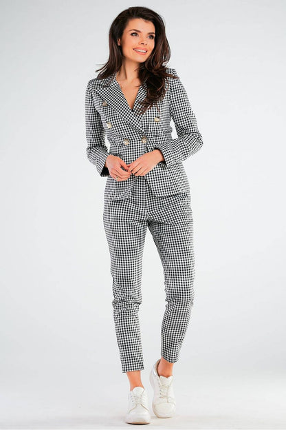 Luxury Double-Breasted Jacket by Awama with Wide Lapels & Golden Button Details, displayed on a model exuding elegance in a stylish checkered outfit, perfect for fashion-forward occasions.