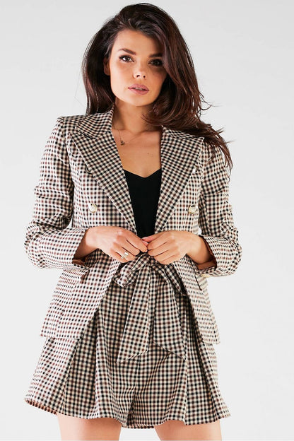 Elegant High-Waisted Loose-Fitting Shorts with Tie Waist and Pockets by Awama, showcased with a matching plaid blazer, exuding a lavish style and refined sophistication, perfect for upscale occasions.