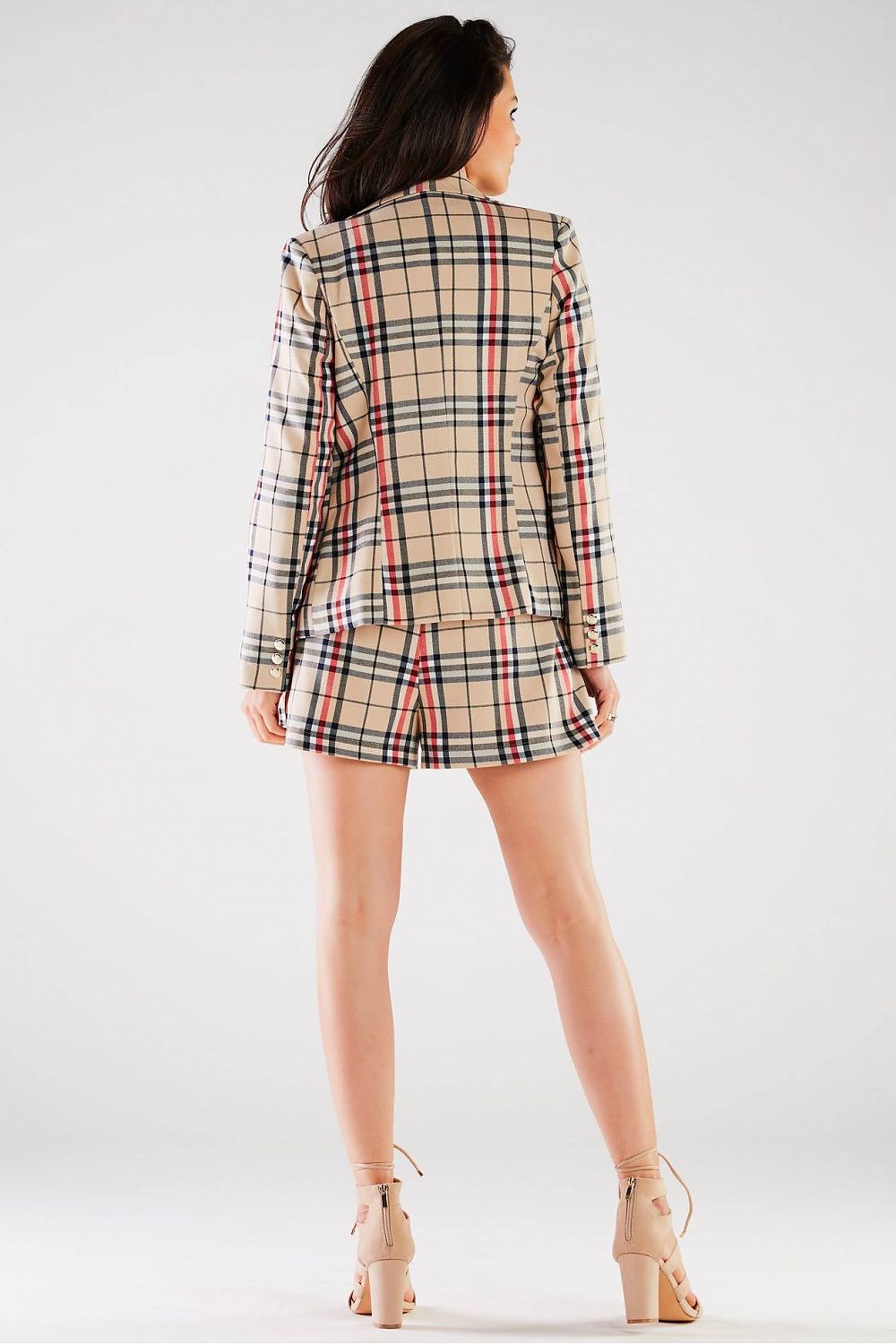 Elegant High-Waisted Loose-Fitting Shorts with Tie Waist and Pockets by Awama, model showcasing the back view of the stylish shorts paired with a matching blazer, exuding sophistication.