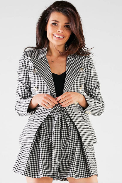 Elegant High-Waisted Loose-Fitting Shorts with Tie Waist and Pockets by Awama, model smiling in a close-up view, featuring stylish black-and-white gingham pattern and chic blazer.