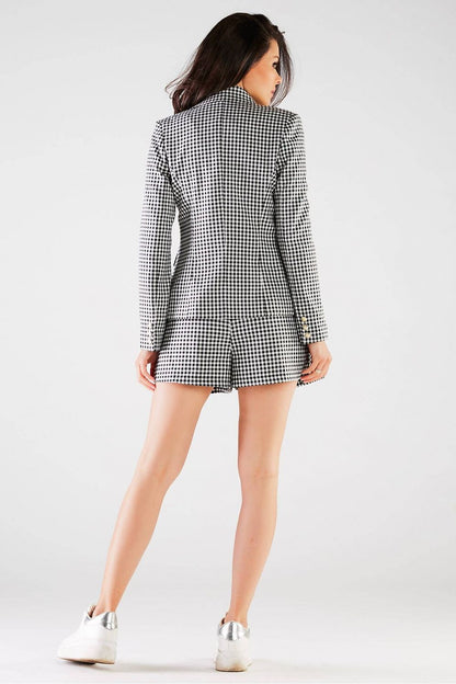 Elegant High-Waisted Loose-Fitting Shorts with Tie Waist and Pockets by Awama, model displaying the back view of the sophisticated ensemble, featuring striking gingham design and modern aesthetics.