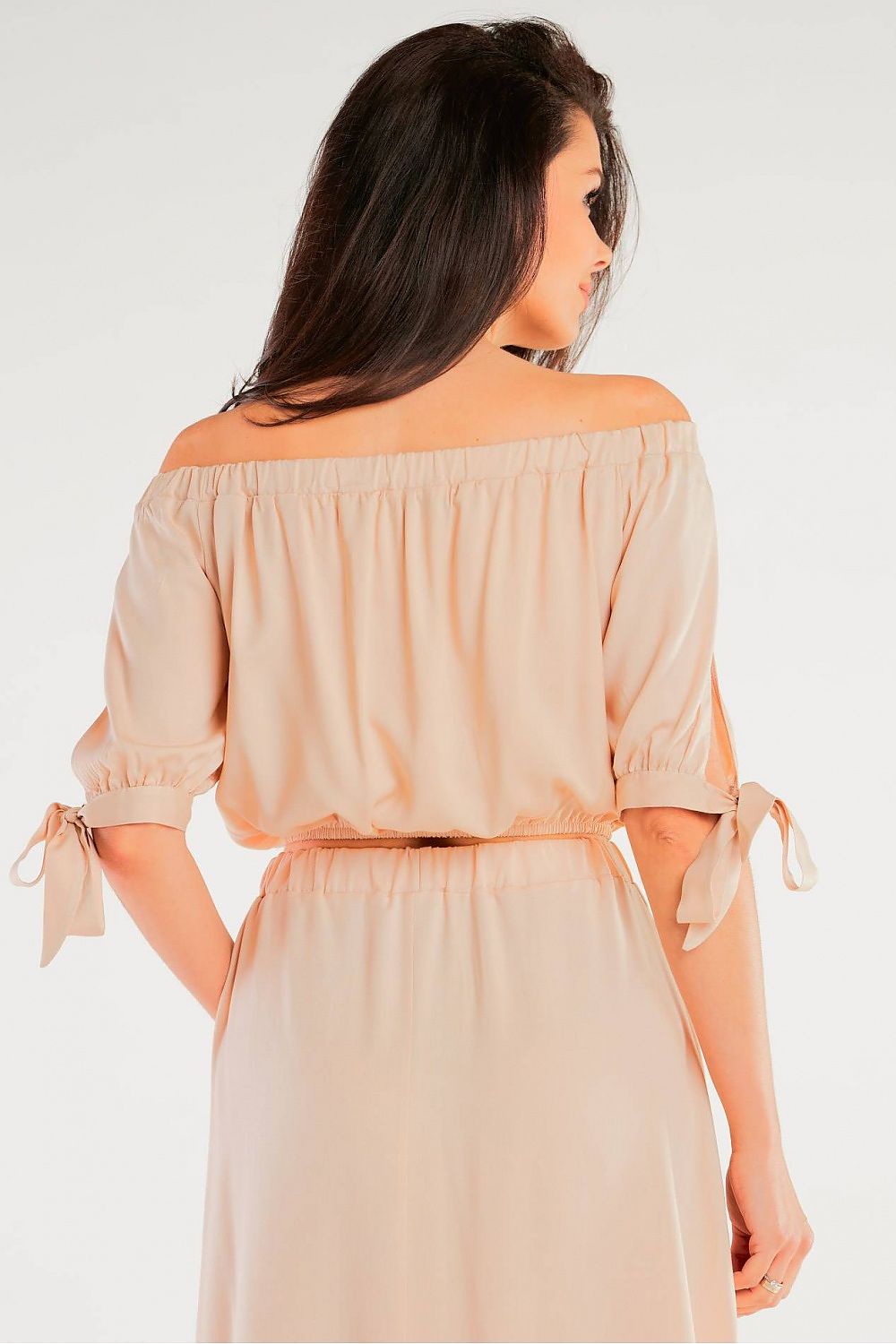 Elegant Spanish Style Blouse with Tied Sleeves showcased from the back, featuring light viscose fabric ideal for summer comfort and stylish tied details.