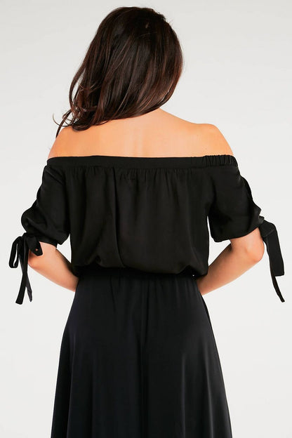 Elegant Spanish Style Blouse with Tied Sleeves - Lightweight Viscose for Summer by Awama, capturing the back view of the blouse with its tied sleeves, ideal for a sophisticated summer look.