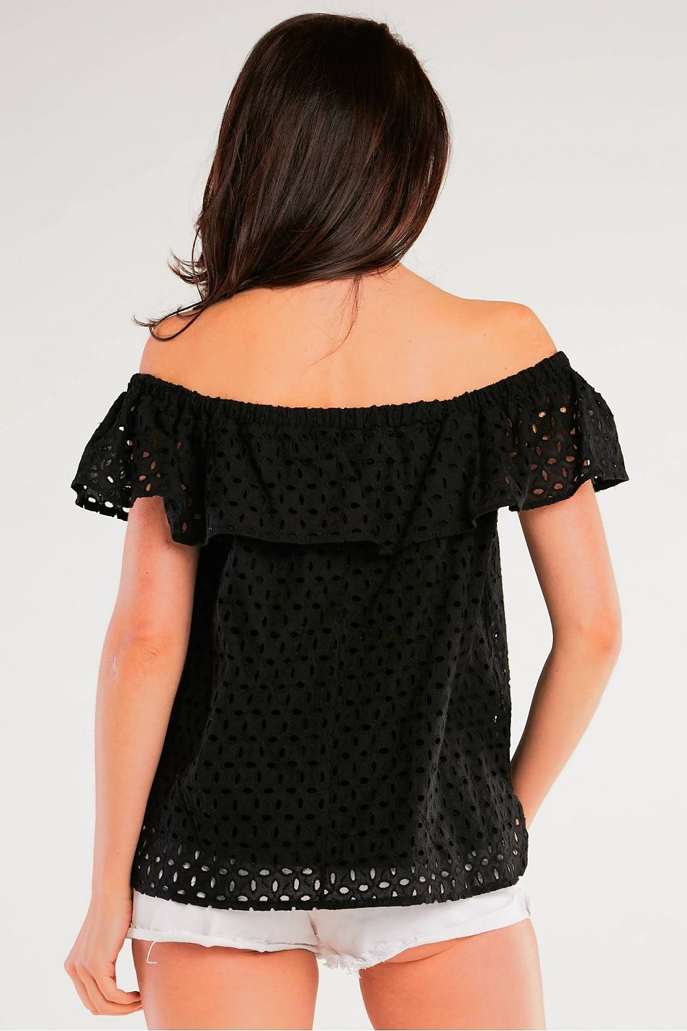 Rear view of the luxurious Airy Spanish-Style Blouse by Awama, highlighting the intricate openwork detail and elegant frill design, perfect for summer elegance.
