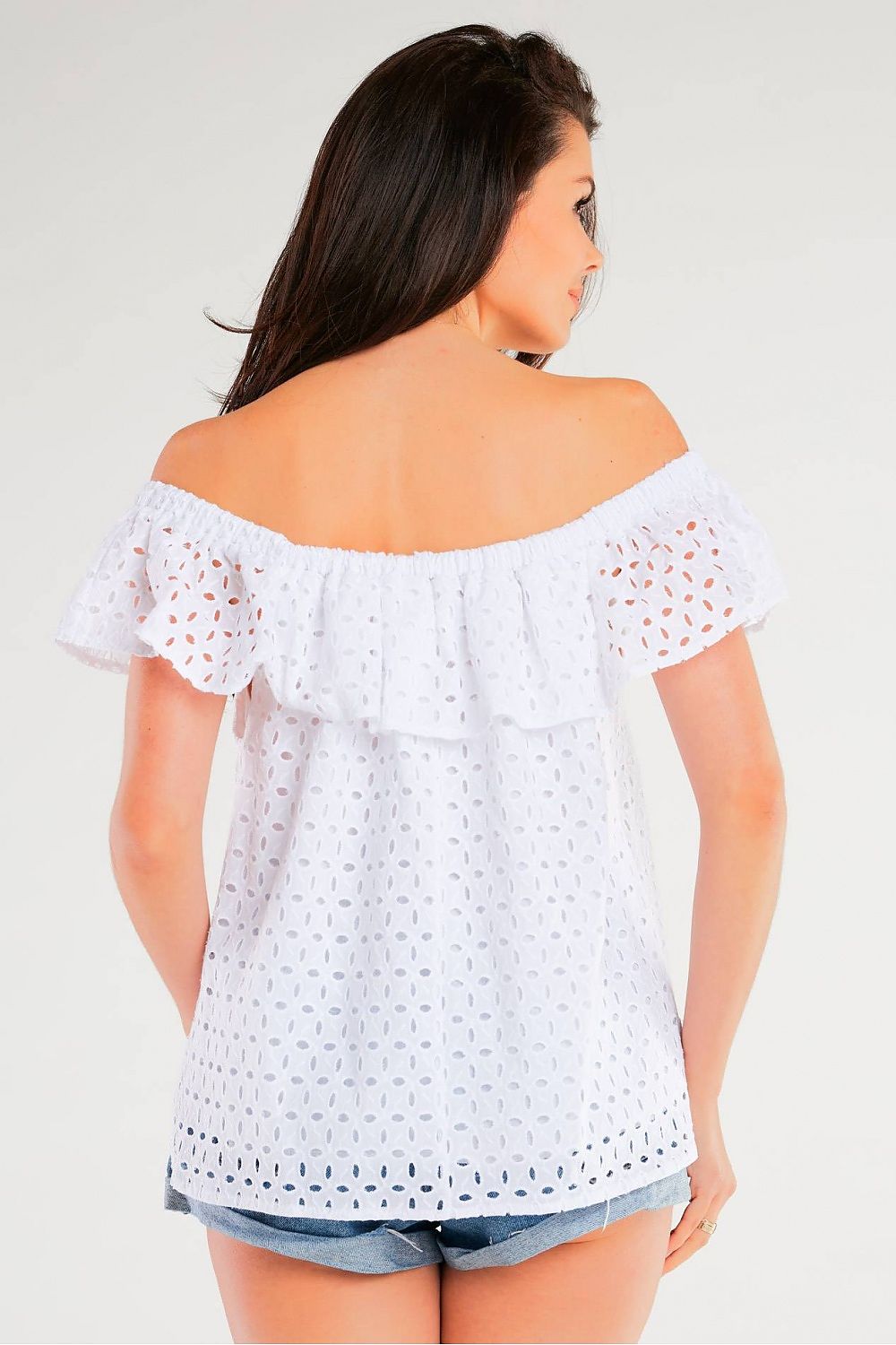 Back view of the luxurious Airy Spanish-Style Blouse by Awama with frill detailing, ideal for a summer outing.