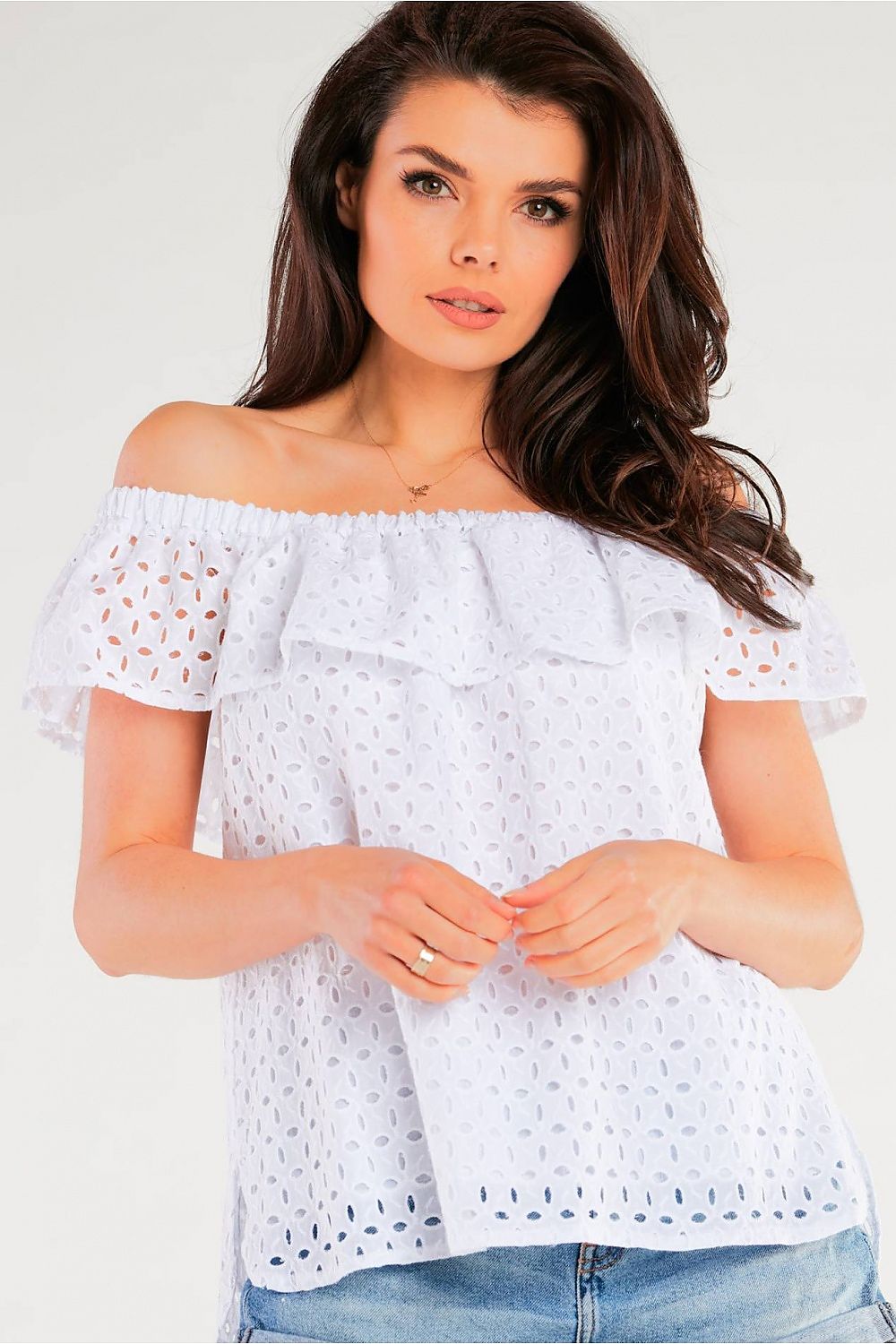 Close-up of the sophisticated Airy Spanish-Style Blouse by Awama highlighting the intricate fabric design and frill neckline.