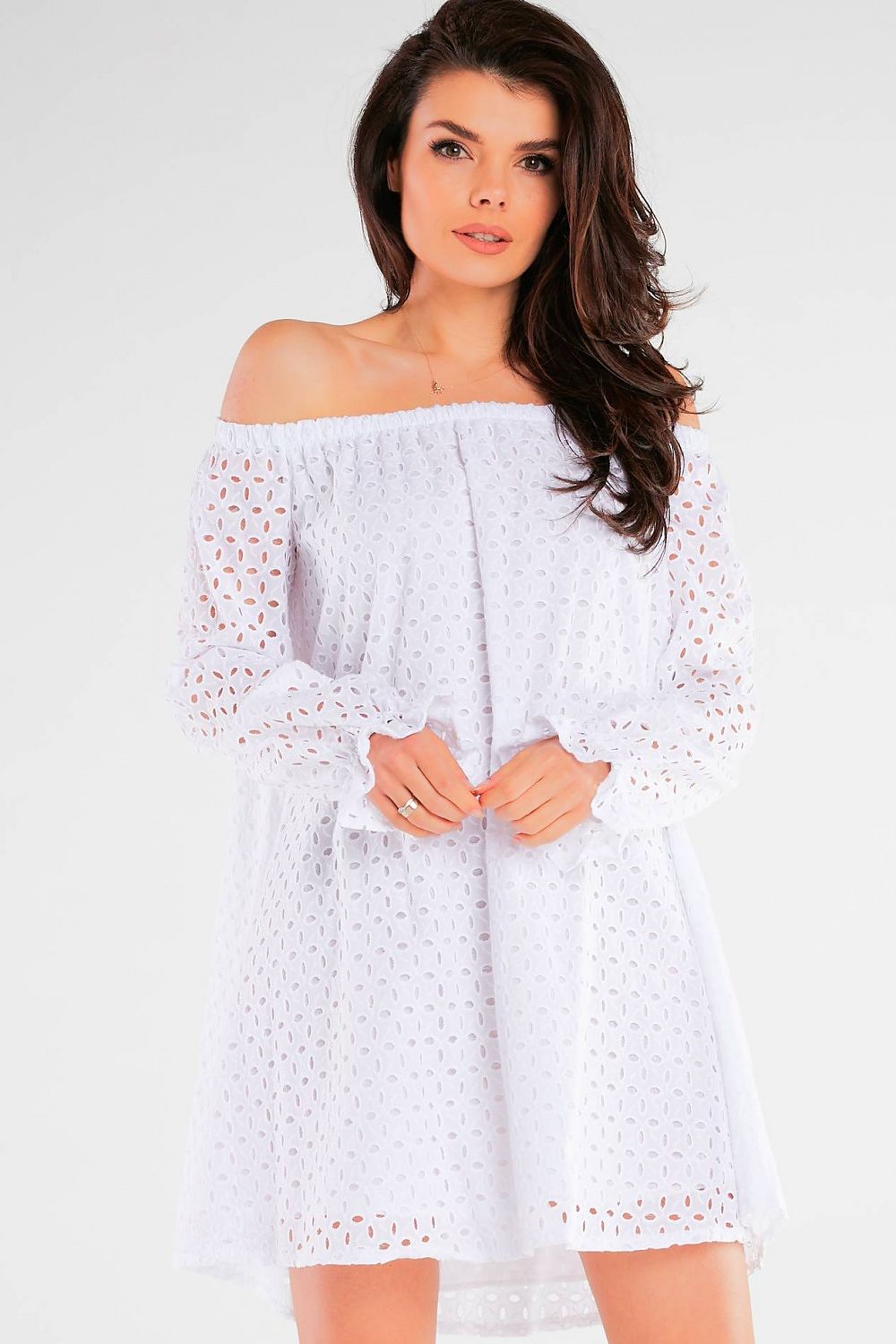 Flared Cotton Daydress by Awama in pristine white, featuring a loose-fitting Spanish design ideal for elegant outings.