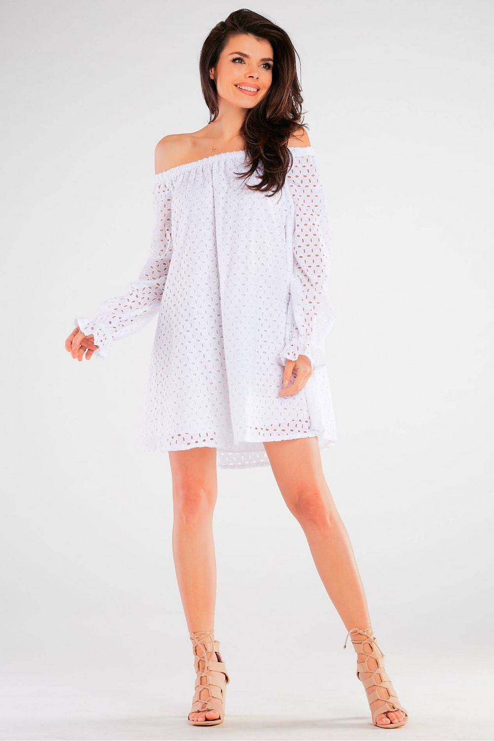Flared Cotton Daydress by Awama, white off-shoulder style with luxurious openwork detailing, perfect for special occasions.