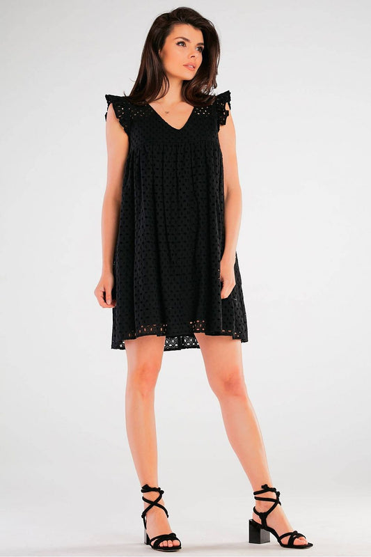 Elegant Cotton Daydress with Frilled Shoulders displayed on a model, showcasing a beautiful black openwork design, ideal for family gatherings and nights out.