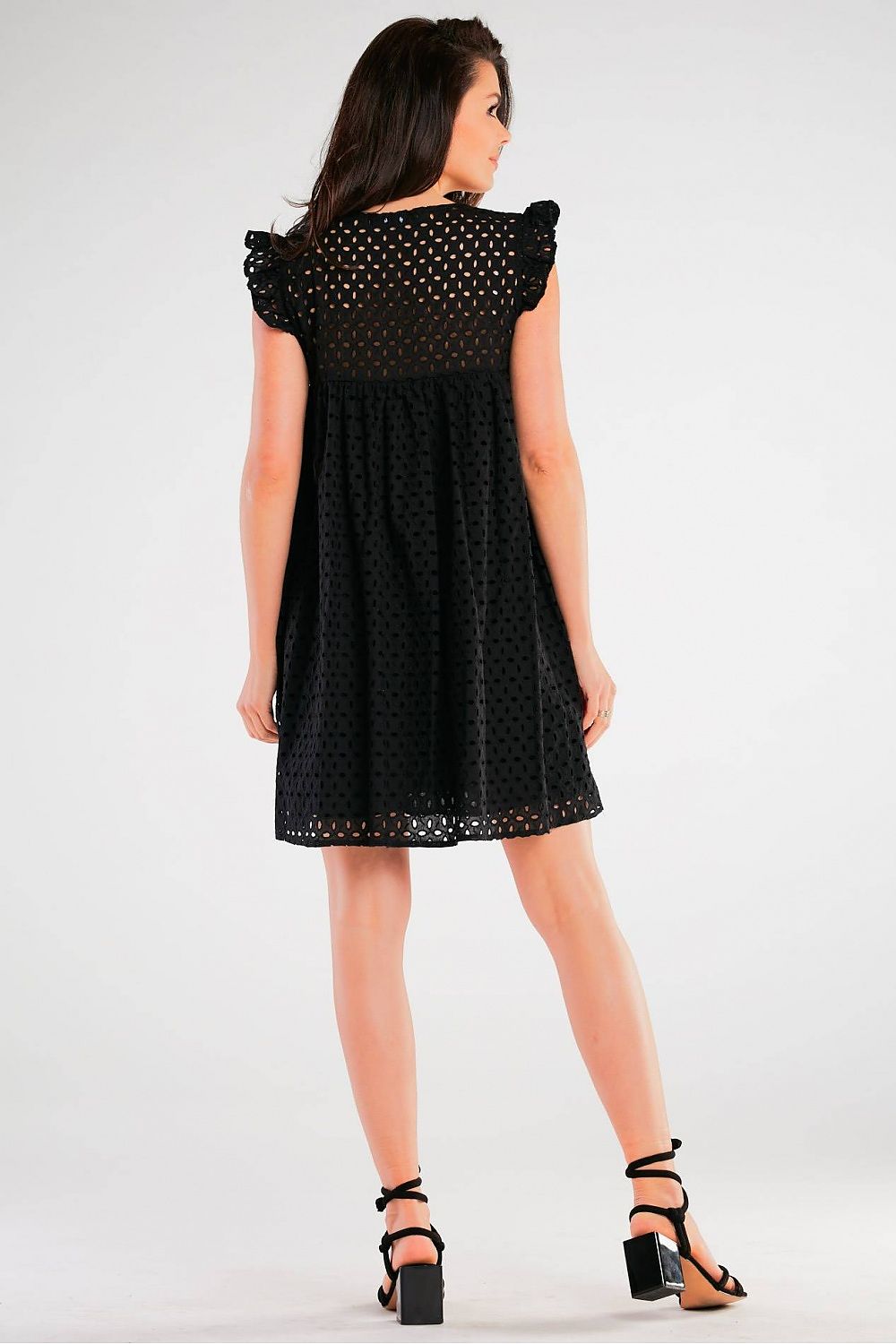 Elegant Cotton Daydress with Frilled Shoulders in black, showcasing a comfortable openwork design with frill accents on the shoulders, perfect for family gatherings and nights out.