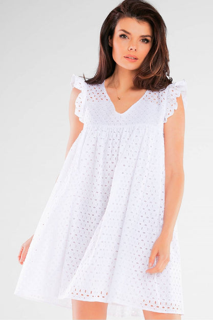 Elegant Cotton Daydress with Frilled Shoulders in white, featuring a stylish V-neckline and delicate frills, ideal for chic outings and social events.
