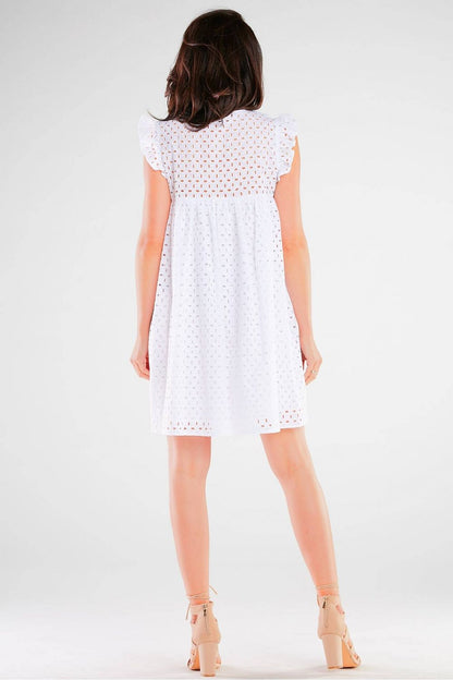 Elegant Cotton Daydress with Frilled Shoulders in white, highlighting the back view with charming frills, designed for comfort and style at family parties or outings.