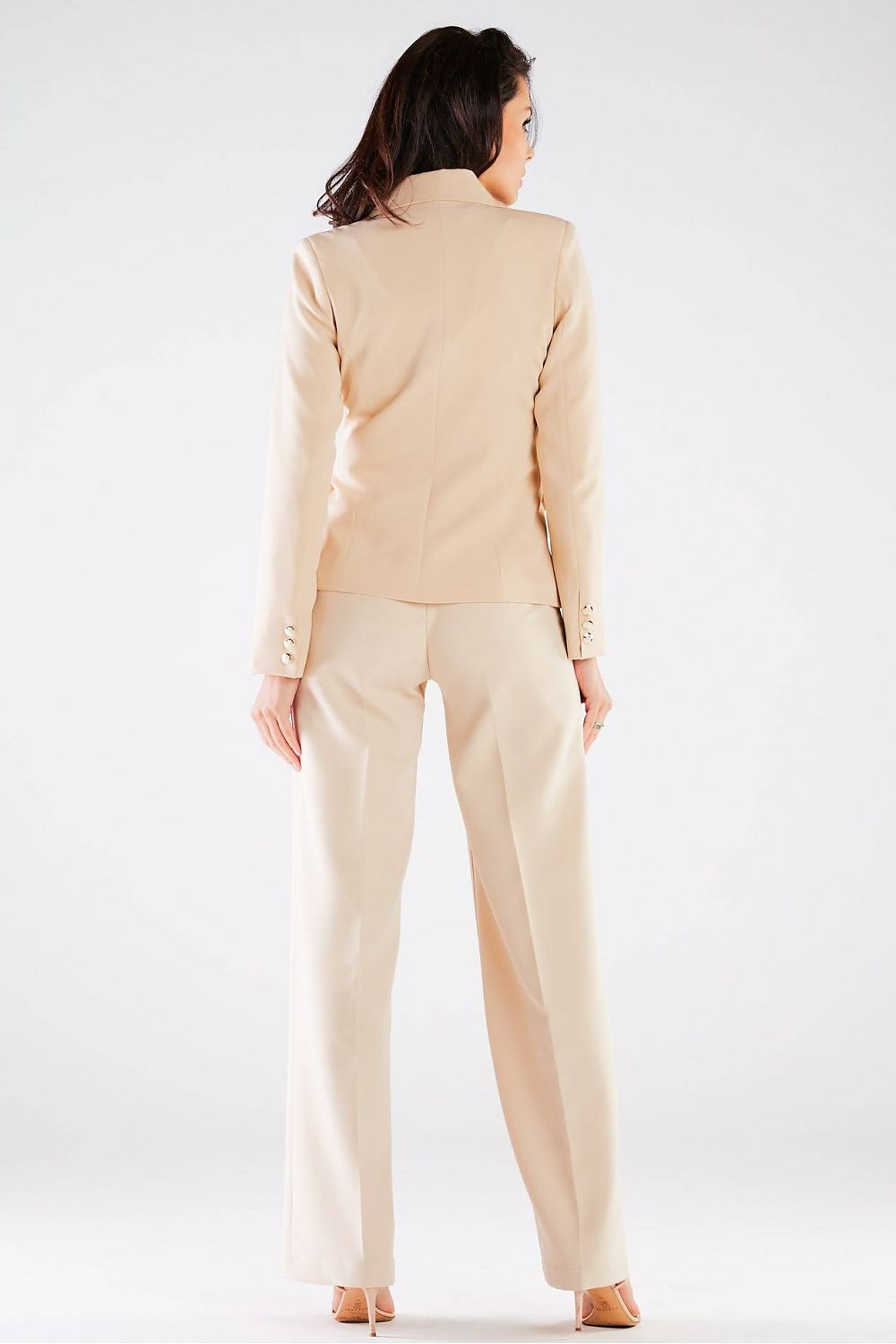 Luxury High Rise Wide Leg Trousers for Women by Awama, designed without pockets and complemented by a tailored jacket, perfect for formal occasions.