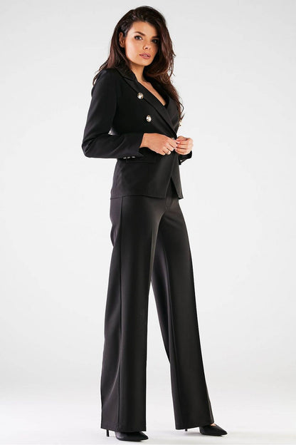 Sophisticated High Rise Wide Leg Trousers for Women by Awama, featured on a model in a black blazer. The image highlights the voluptuous silhouette and seamless design, ideal for a chic wardrobe.