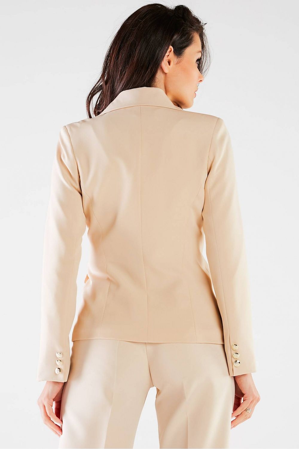 Stylish back view of Awama Double-Breasted Jacket with Wide Lapels & Golden Buttons, showcasing tailored elegance and minimalistic design.