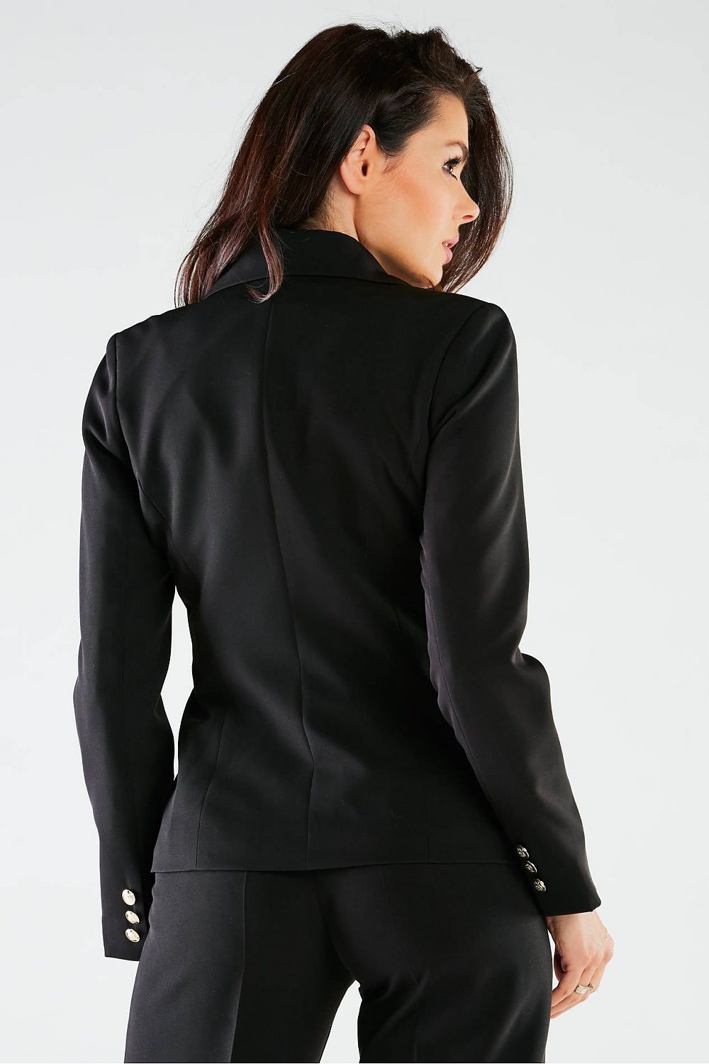 Stylish back view of the black Awama Double-Breasted Jacket with Wide Lapels & Golden Buttons, illustrating its tailored and elegant silhouette.