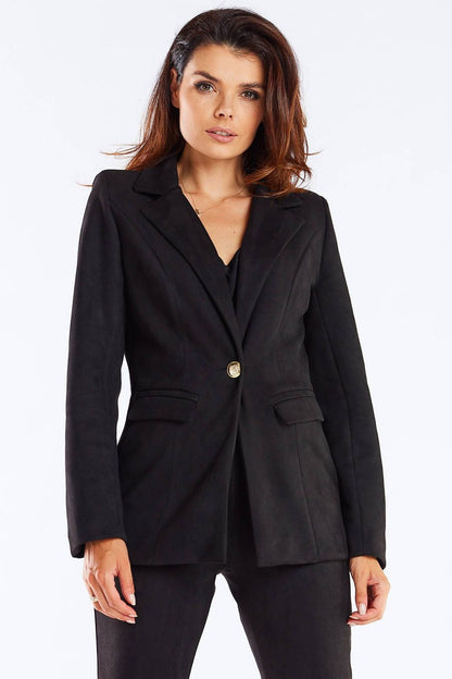 Elegant Women's Awama Jacket With Shawl Collar And Golden Button - Model showcasing the sleek black jacket, highlighting its sophisticated design and silhouette, perfect for business or formal occasions.